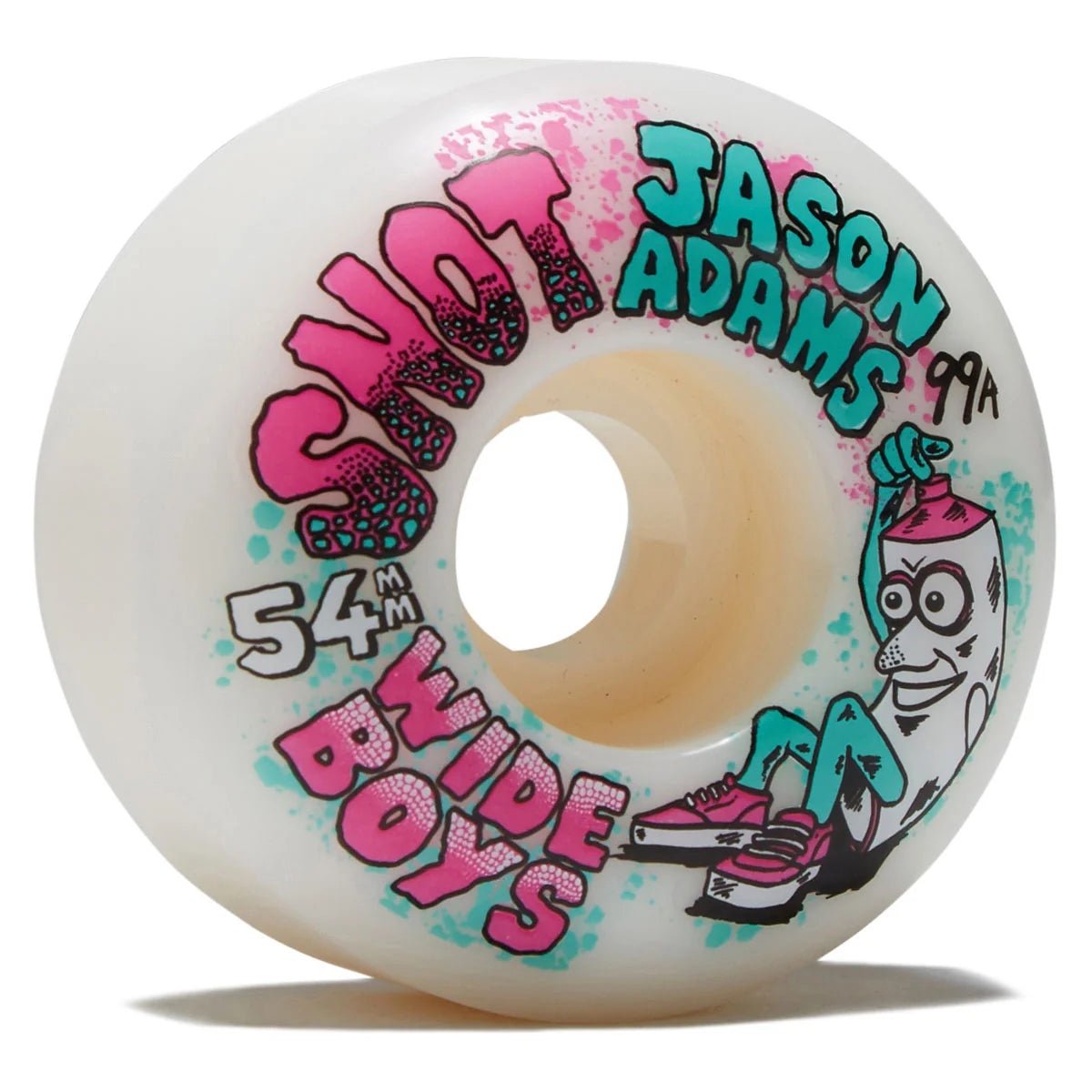 A single skateboard wheel with a translucent white urethane body, featuring colorful graphic text and a cartoon character. The text reads 'SNAP WIDE BOYS' in pink and teal, 'JASON ADAMS' in teal, '54mm' in white, and '99A' in black.