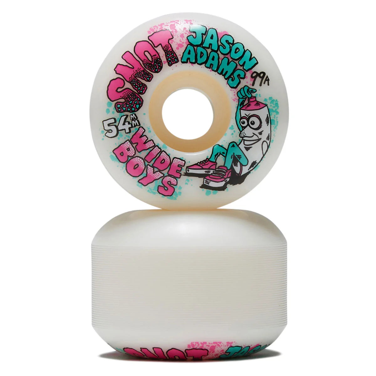 Two skateboard wheels stacked vertically on a white background, featuring a white base with colorful graffiti-style graphics and text including 'SNAP', 'JASON ADAMS', 'WIDE BOYS', and '5 1/4"'.