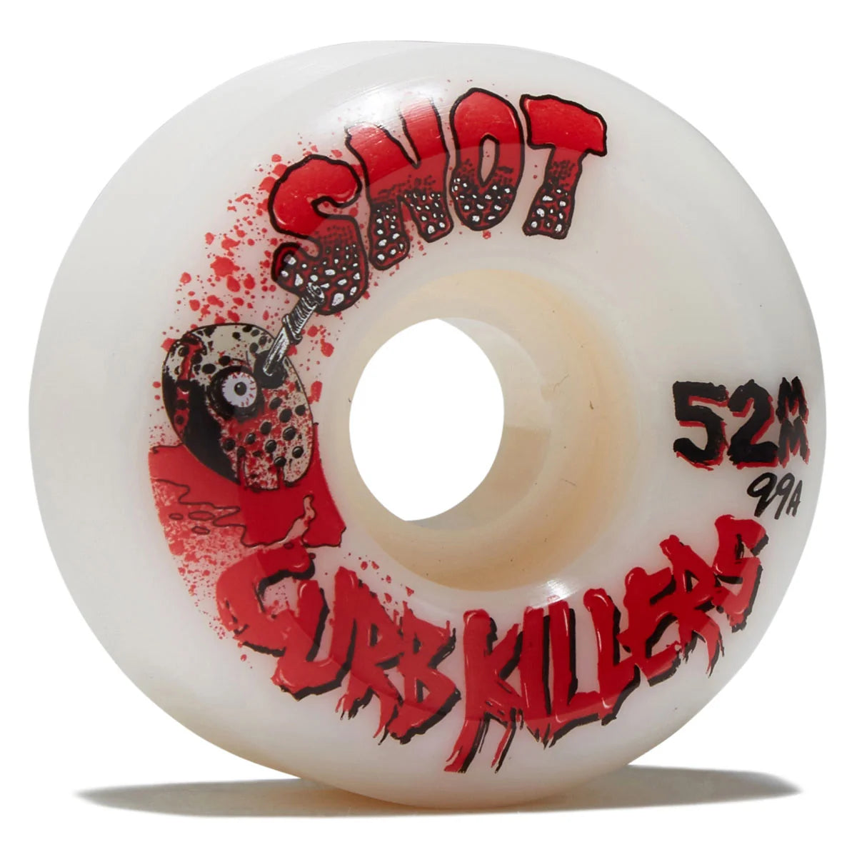 A white skateboard wheel with red and black graphics, featuring the brand name 'SNOT' and the text 'cURB KILLERS' along with '52X 91A'.