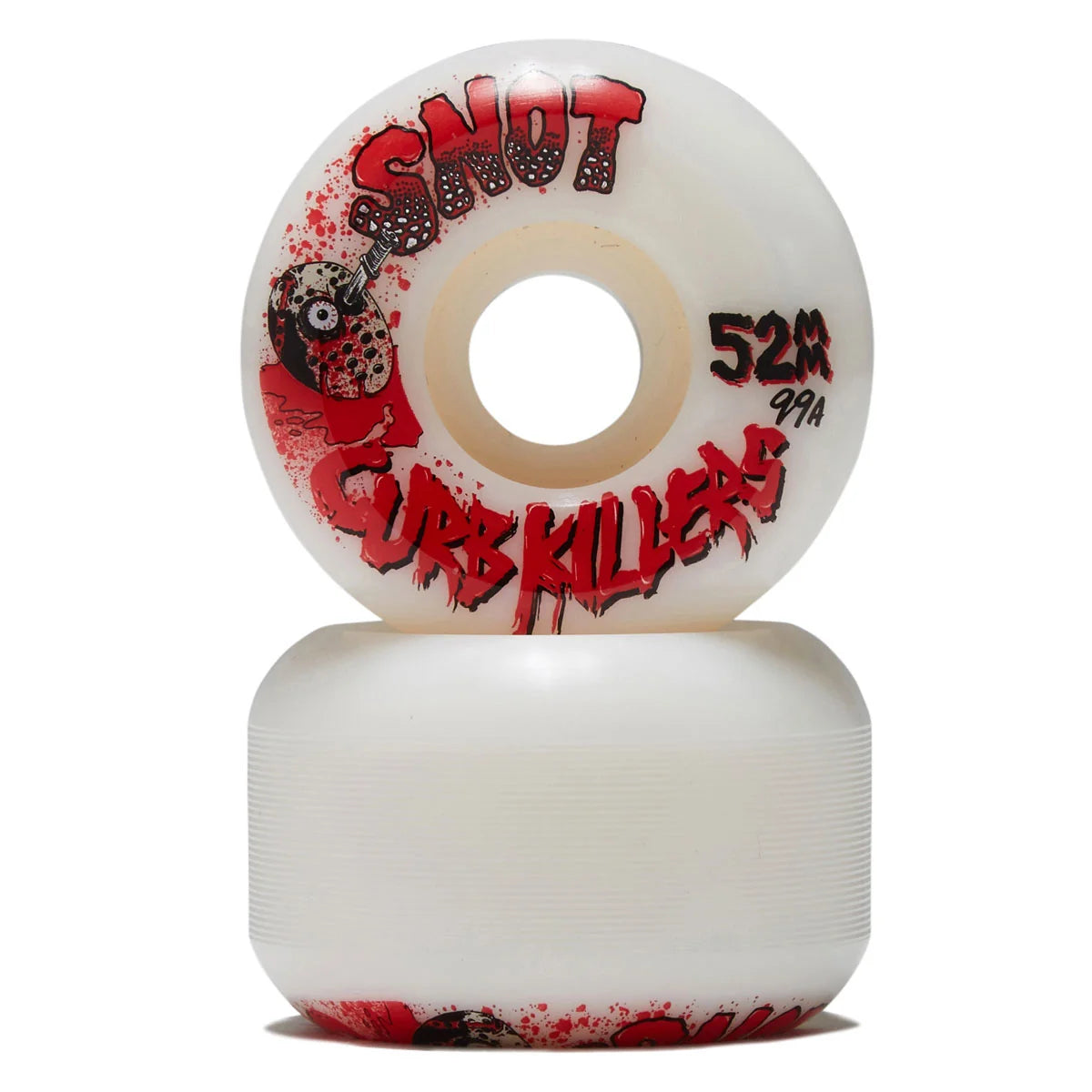 Two white skateboard wheels stacked vertically on a white background, featuring red and black graphics with the text 'SNOT CURb KILLERS' and '52MM 99A'.