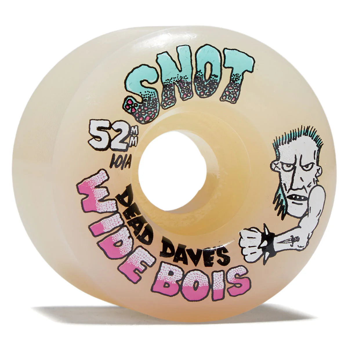 Skateboard wheel with 'Snot' and 'Wide Bois' branding on a white background
