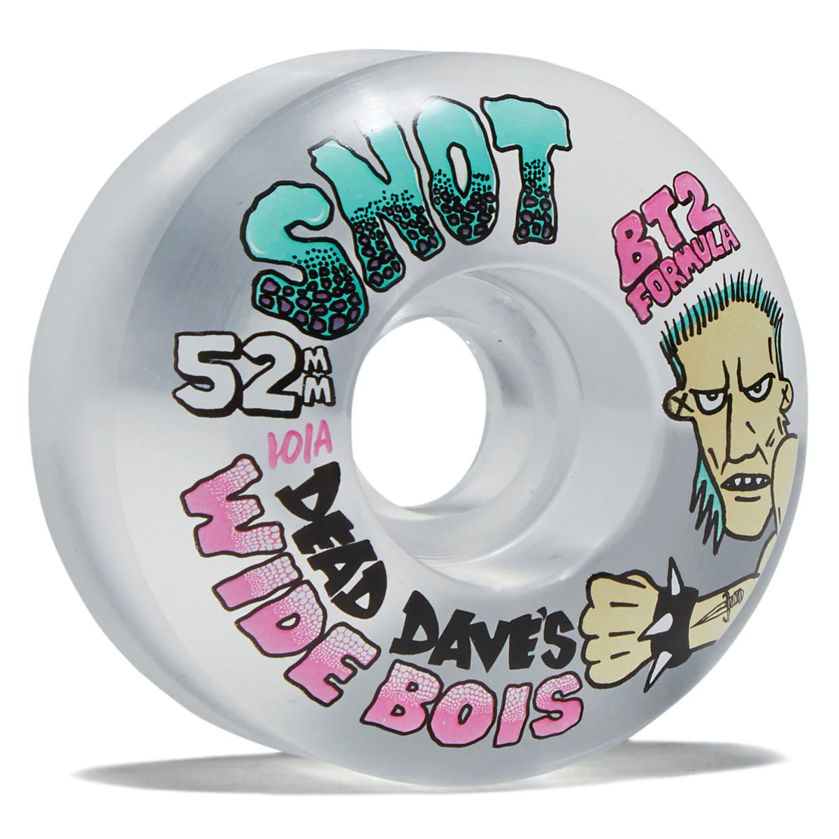 A translucent white skateboard wheel with colorful graphic text and illustrations, including 'SnOT', '52MM', 'WIDE', 'DAVE'S BOIS', 'BT2 FORMULA', and a cartoon face, shown on a white background.