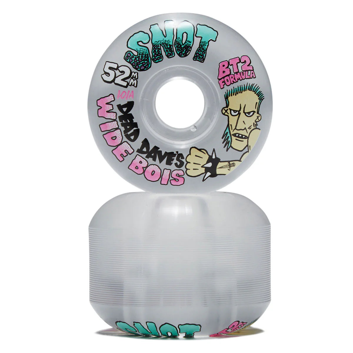 Two translucent clear skateboard wheels stacked vertically on a white background, featuring colorful graphics including 'SNOT', '52mm', 'dead DAVE'S BOIS', and 'BT2 FORMULA'.