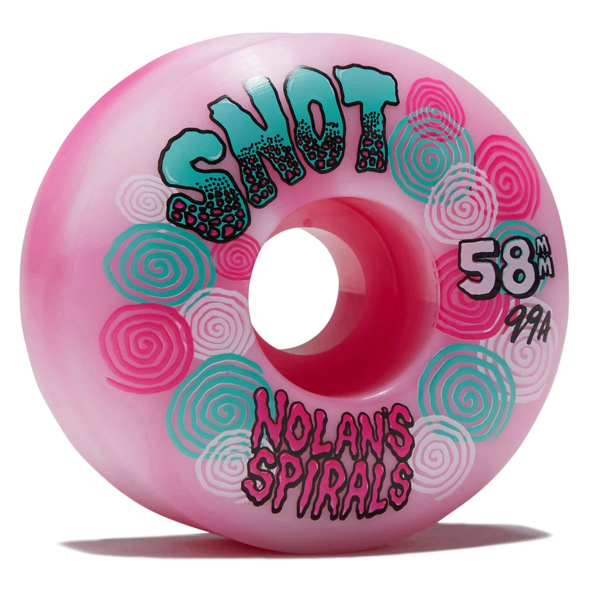 A pink skateboard wheel with turquoise and pink spiral graphics, featuring the text 'SNOT' and 'NOLAN'S SPIRALS' on a white background.