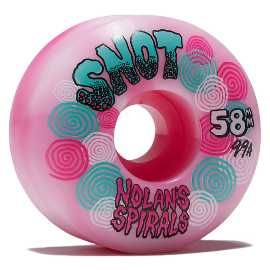 A pink skateboard wheel with turquoise and pink spiral graphics, featuring the text 'SNOT' and 'NOLAN'S SPIRALS' on a white background.