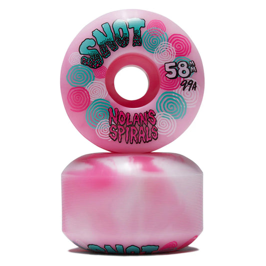 A pair of pink skateboard wheels stacked vertically on a white background. The top wheel is upright, showing a pink face with teal and pink spiral graphics, the text 'SNOT', 'NOLAN'S SPIRALS', and '58MM 99A'.