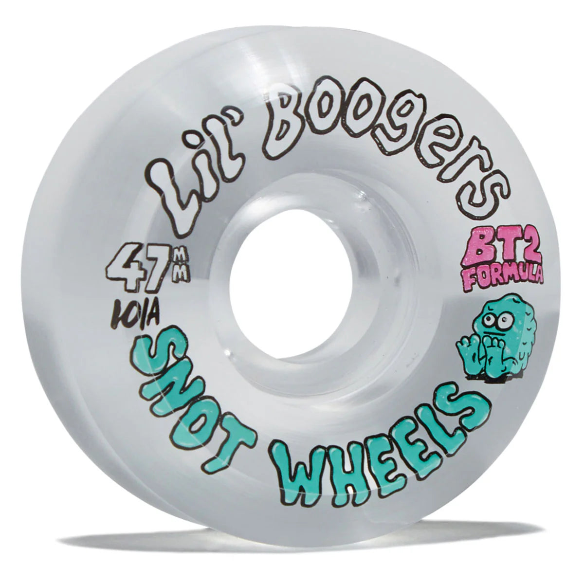 A single translucent white skateboard wheel with black, pink, and teal graphics. The wheel features the text 'Lil Boogers' in black, '47mm 101a' in black, 'SNOT WHEELS' in teal, and 'BT2 Formula' in pink with a cartoon monster logo.
