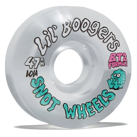 A single translucent white skateboard wheel with black, pink, and teal graphics. The wheel features the text 'Lil Boogers' in black, '47mm 101a' in black, 'SNOT WHEELS' in teal, and 'BT2 Formula' in pink with a cartoon monster logo.