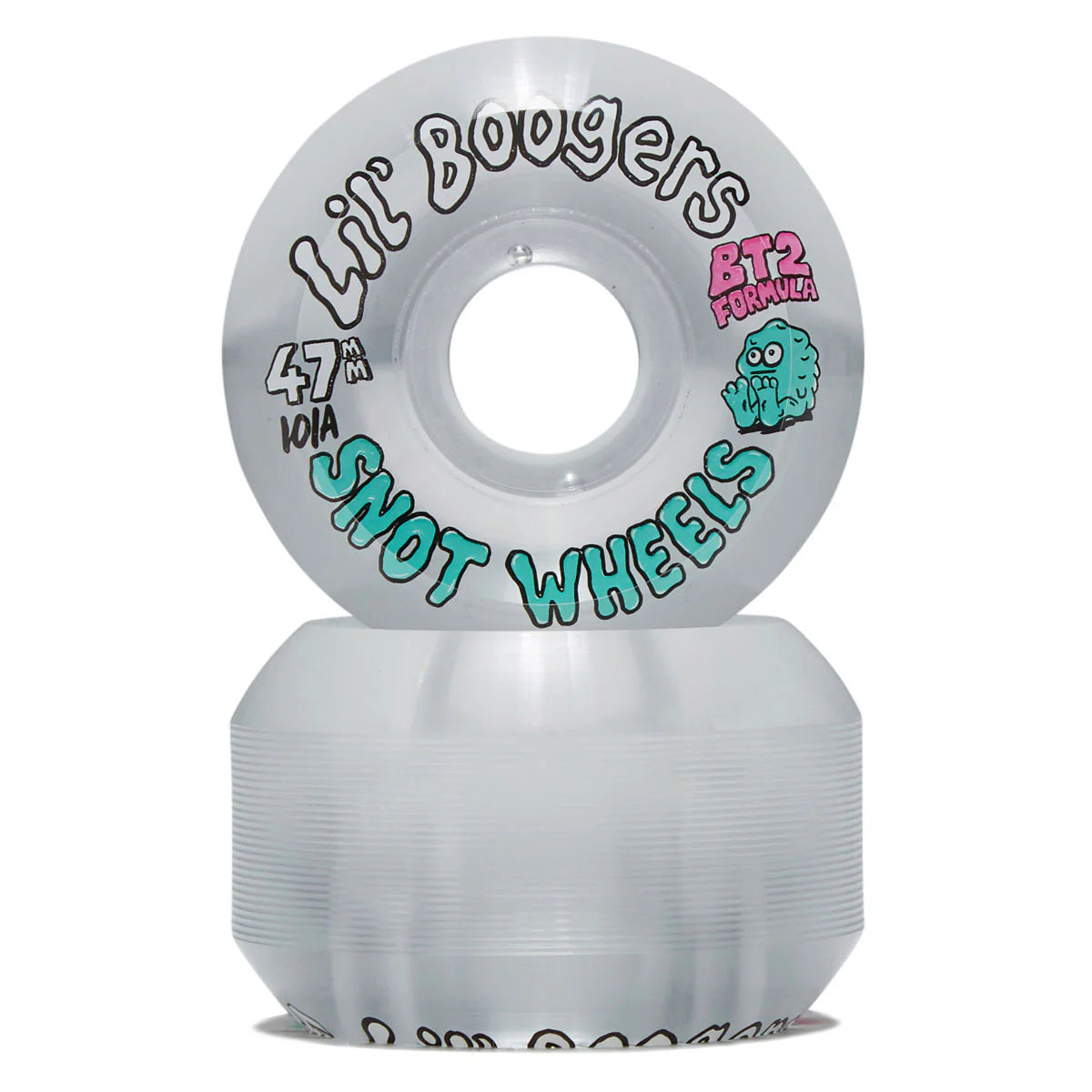 A stack of translucent white skateboard wheels with colorful graphics, including 'Lil Boogers Shot Wheels' and 'BT2 Power' printed on the top wheel.