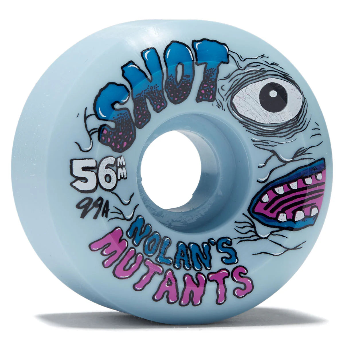 Skateboard wheel with 'Snot' and 'Nolan's Mutants' branding on a light blue background