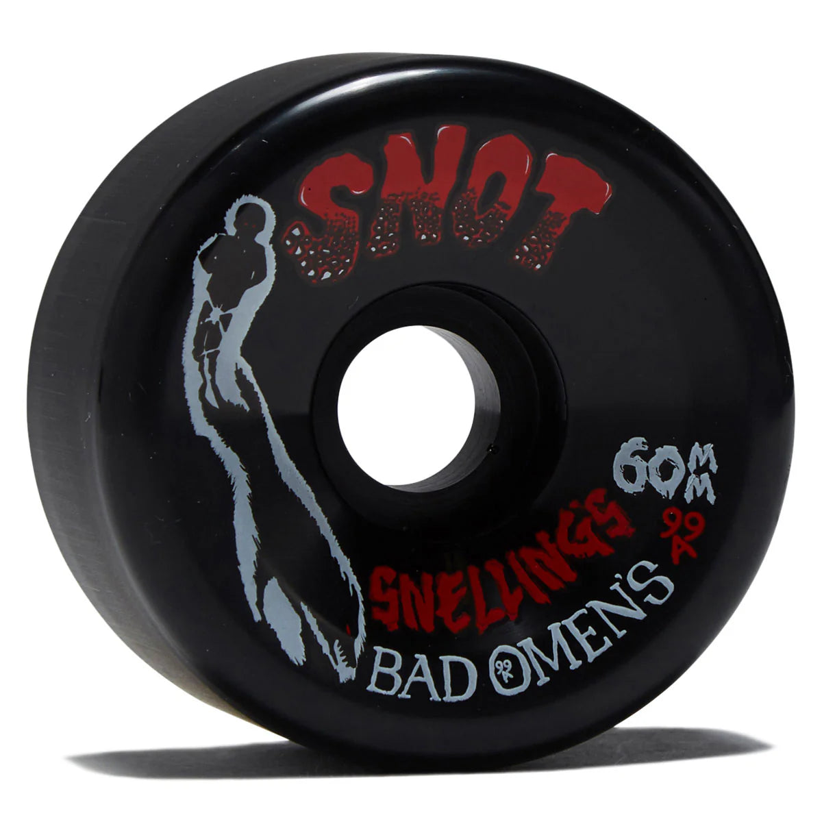 A single black skateboard wheel with red and white graphic text and a stylized figure illustration, photographed on a white background with a soft shadow.