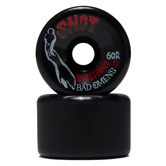 A black skateboard wheel stacked on a black axle, featuring red and white graphics with the brand name 'SNOT' and model text 'Swellange Bad O Mens'.