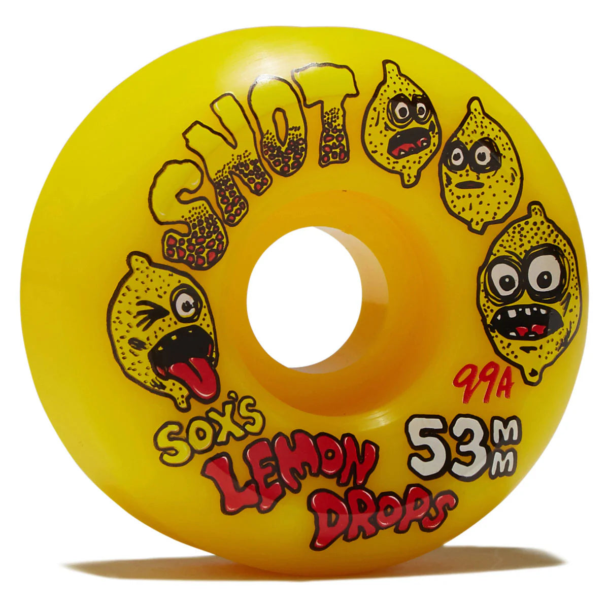 A single bright yellow skateboard wheel with cartoon lemon graphics and text reading 'SOX'S LEMON DROPS', '99A', and '53mm'.