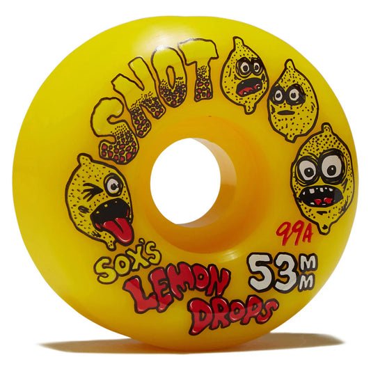 A single bright yellow skateboard wheel with cartoon lemon graphics and text reading 'SOX'S LEMON DROPS', '99A', and '53mm'.