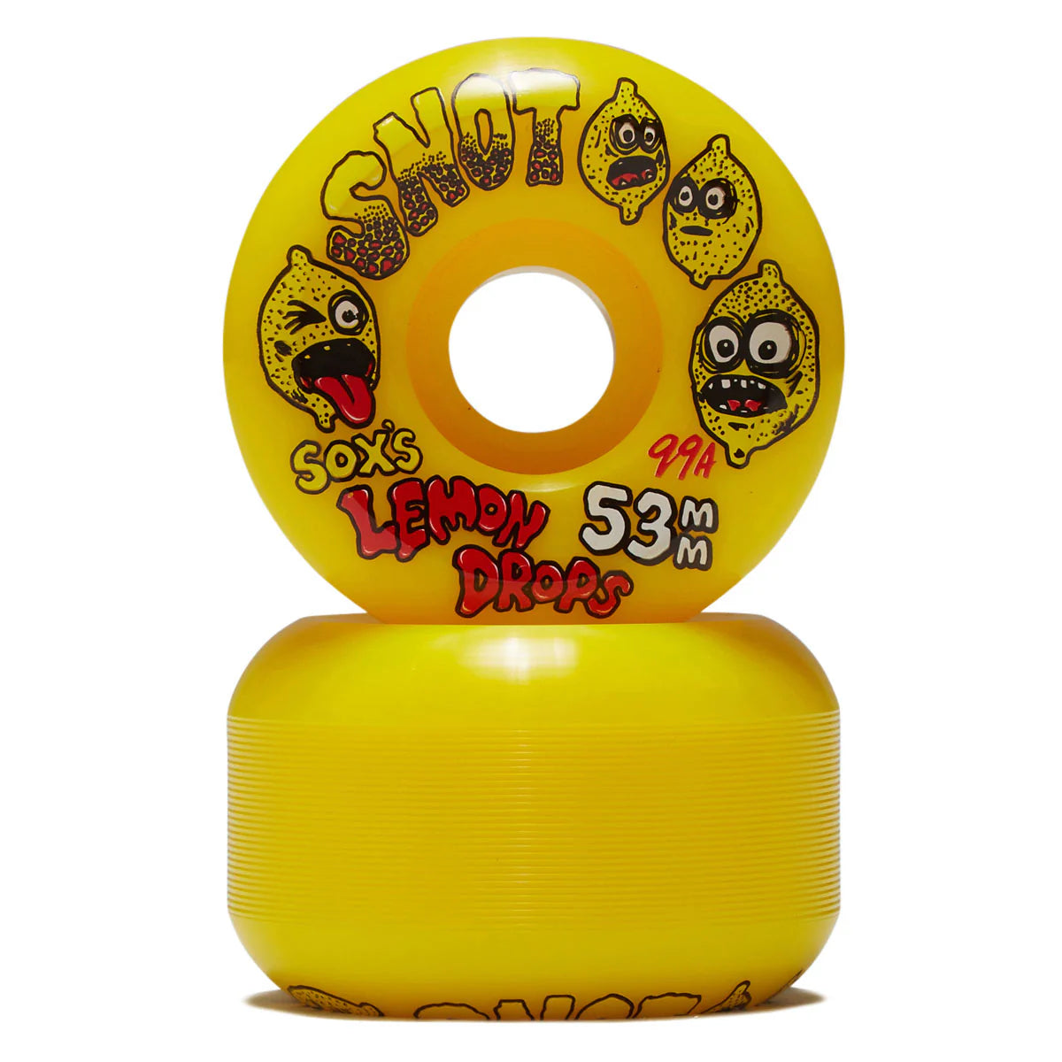 Two bright yellow Snoot Coxs Lemon Drops 53mm skateboard wheels stacked vertically on a white background.
