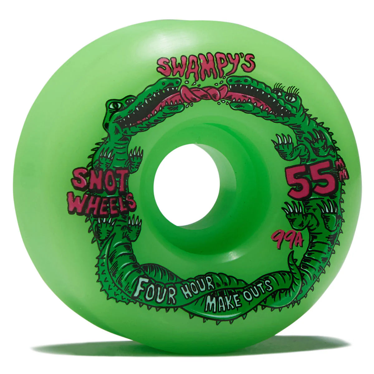 A bright green skateboard wheel with a circular graphic of a green alligator and pink text reading 'Swampy's', 'Snout Wheels', '55', and '49h'.