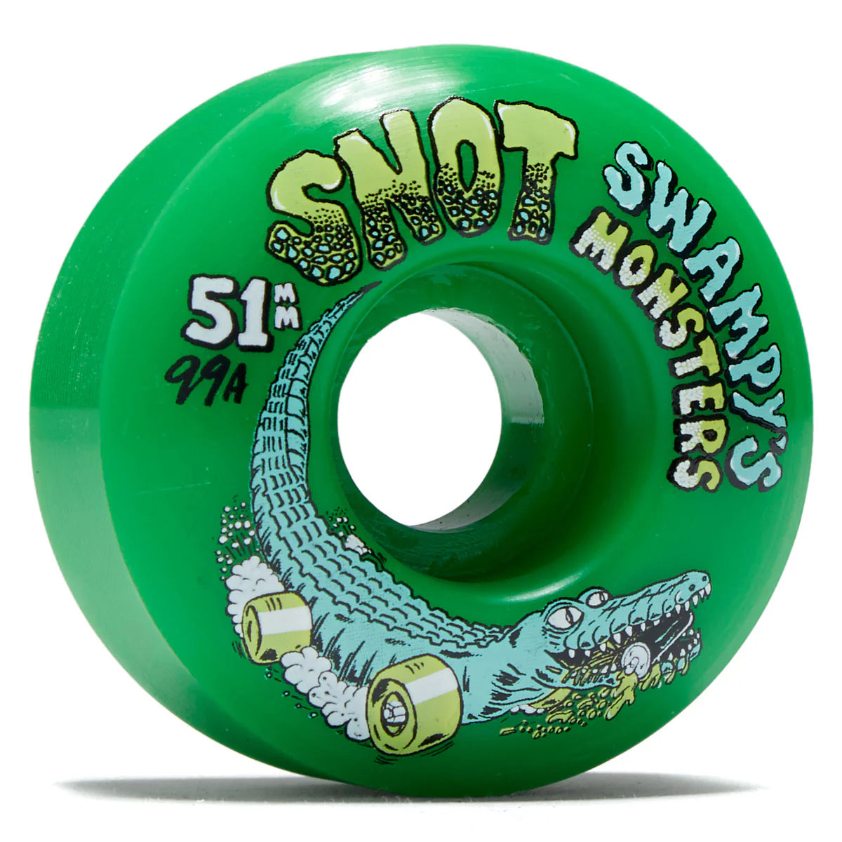 Green skateboard wheel with 'Swampy's Monsters' and 'Shots' branding on a white background