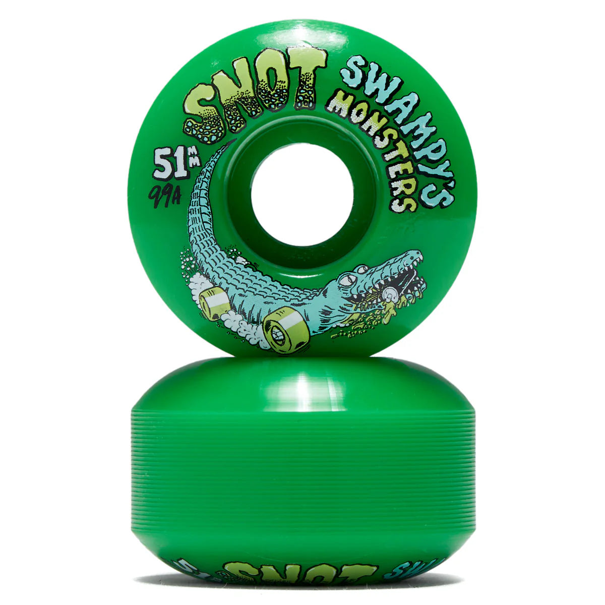 Green skateboard wheels with 'Swampy's' and 'Shot' branding on a white background
