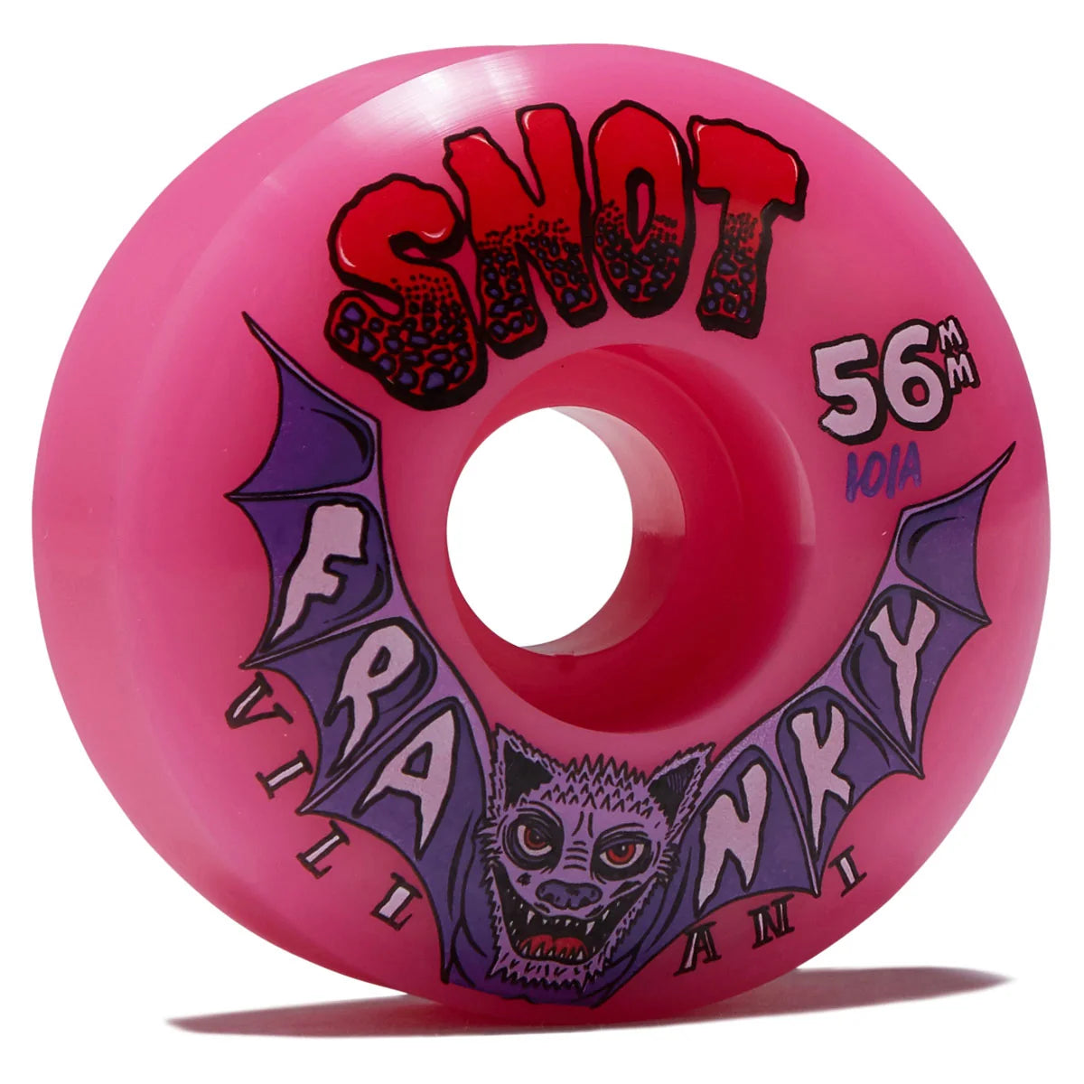 A single pink skateboard wheel with a graphic design featuring the word 'SNOT' in red and black at the top, '56mm' and '1014' on the right, and a purple bat and cat illustration wrapping around the bottom. The brand 'Snot' is visible in the graphic.