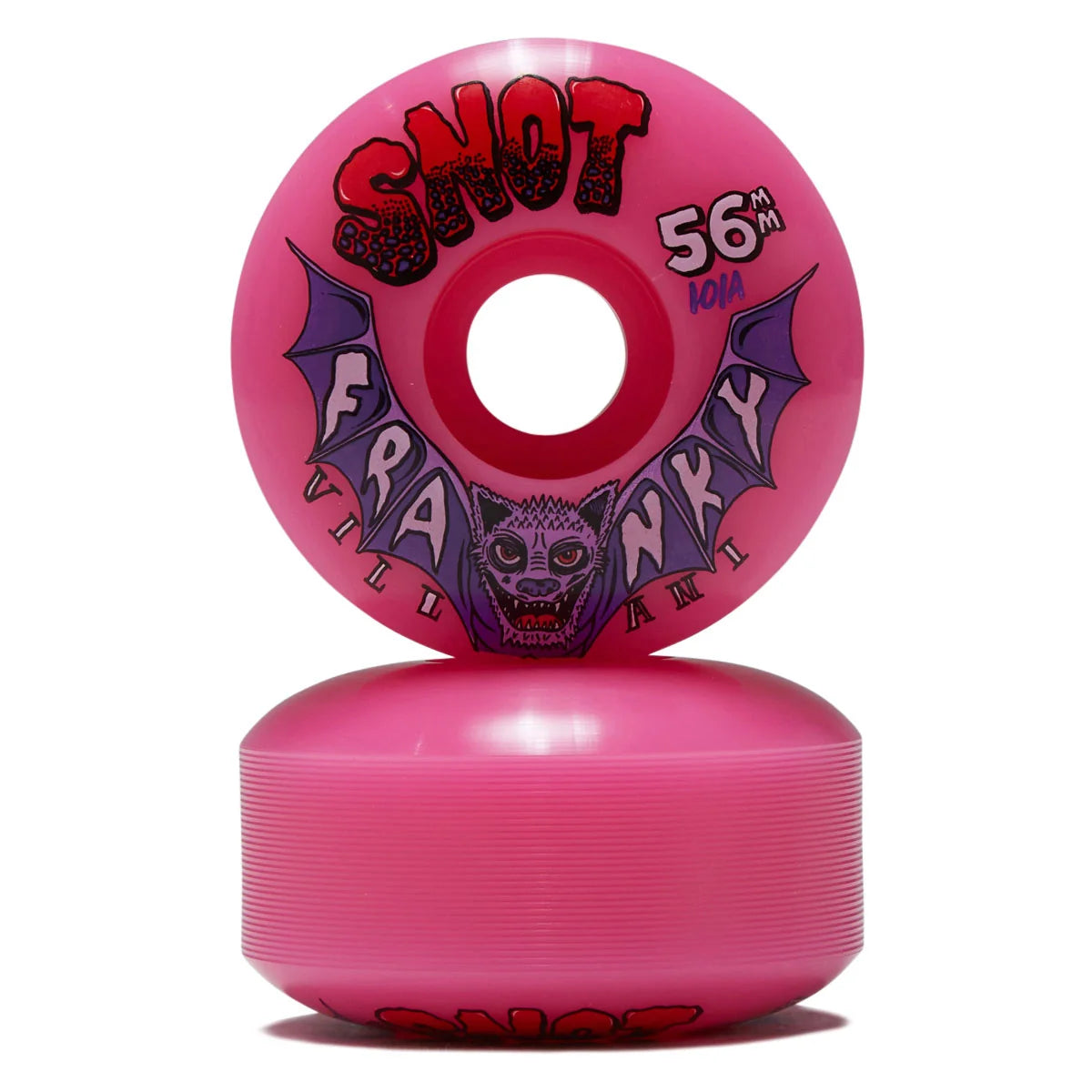 Two pink skateboard wheels stacked vertically on a white background. The top wheel features a graphic with the text 'SNOT', '5.