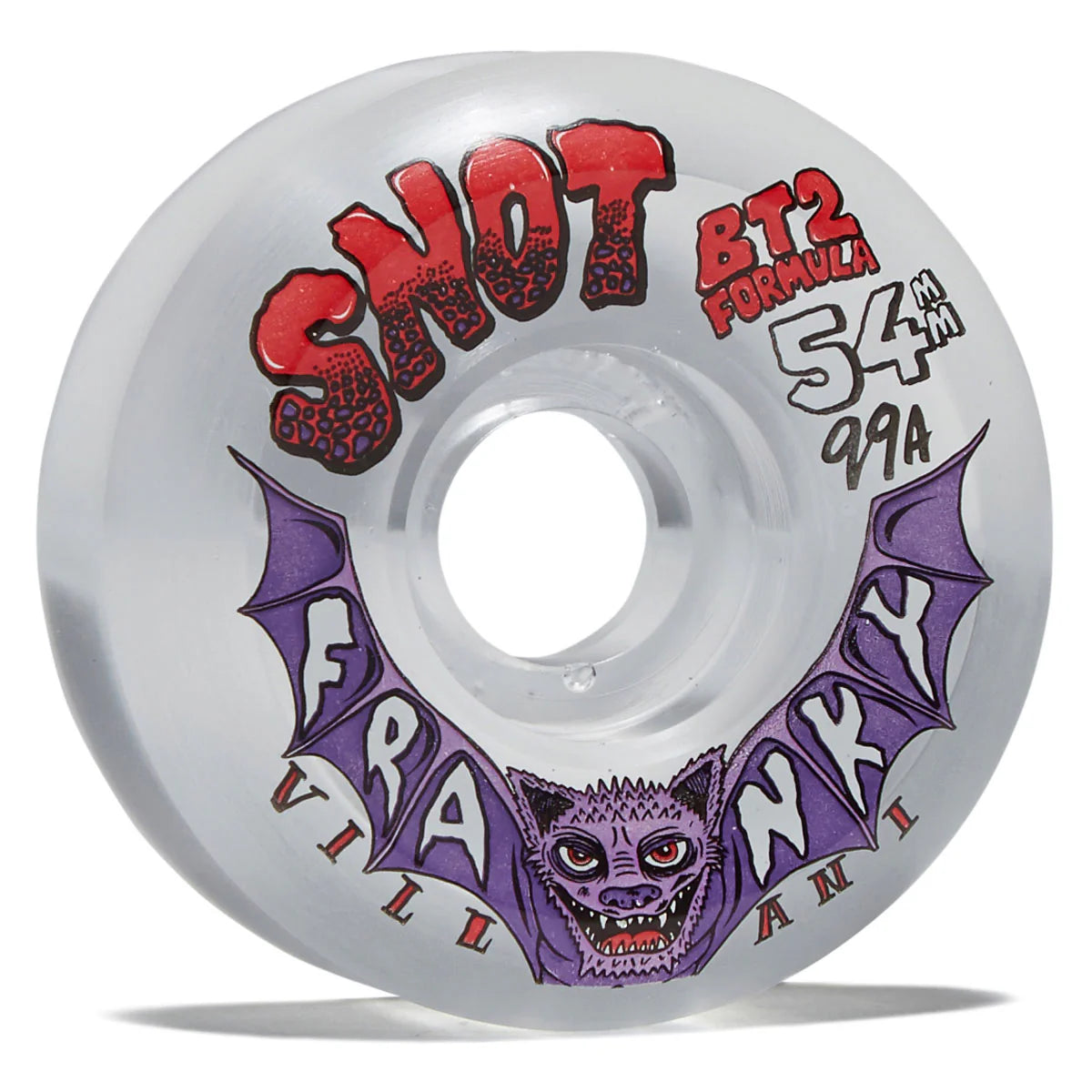 A single translucent white skateboard wheel with a graphic design featuring a purple bat, the text 'SNOT' in red, 'BT2 FORMULA 99A' in red and black, and 'FRANKY' in white over the bat wings.