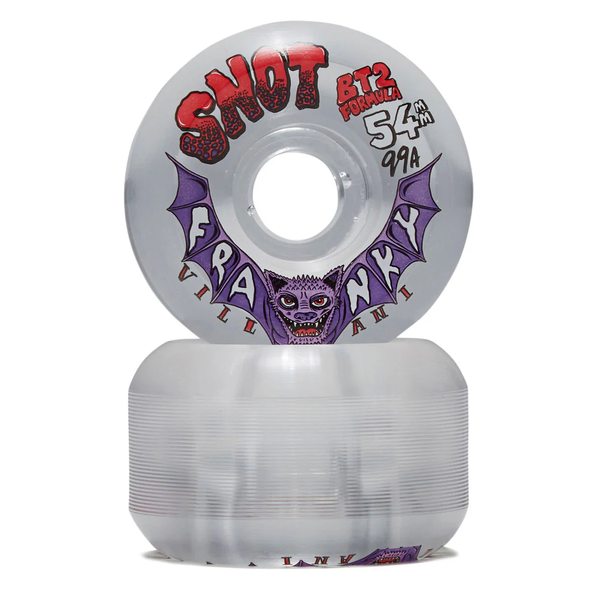 A set of translucent snowboard wheels stacked on a white background, featuring a top wheel showing 'SNOT' in red, 'FRAUNKY' in purple and white, a bat graphic, and '99A' hardness markings.