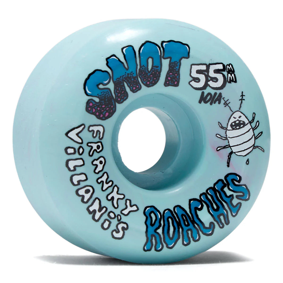 Light blue skateboard wheel with text and a cartoonroach illustration on a white background