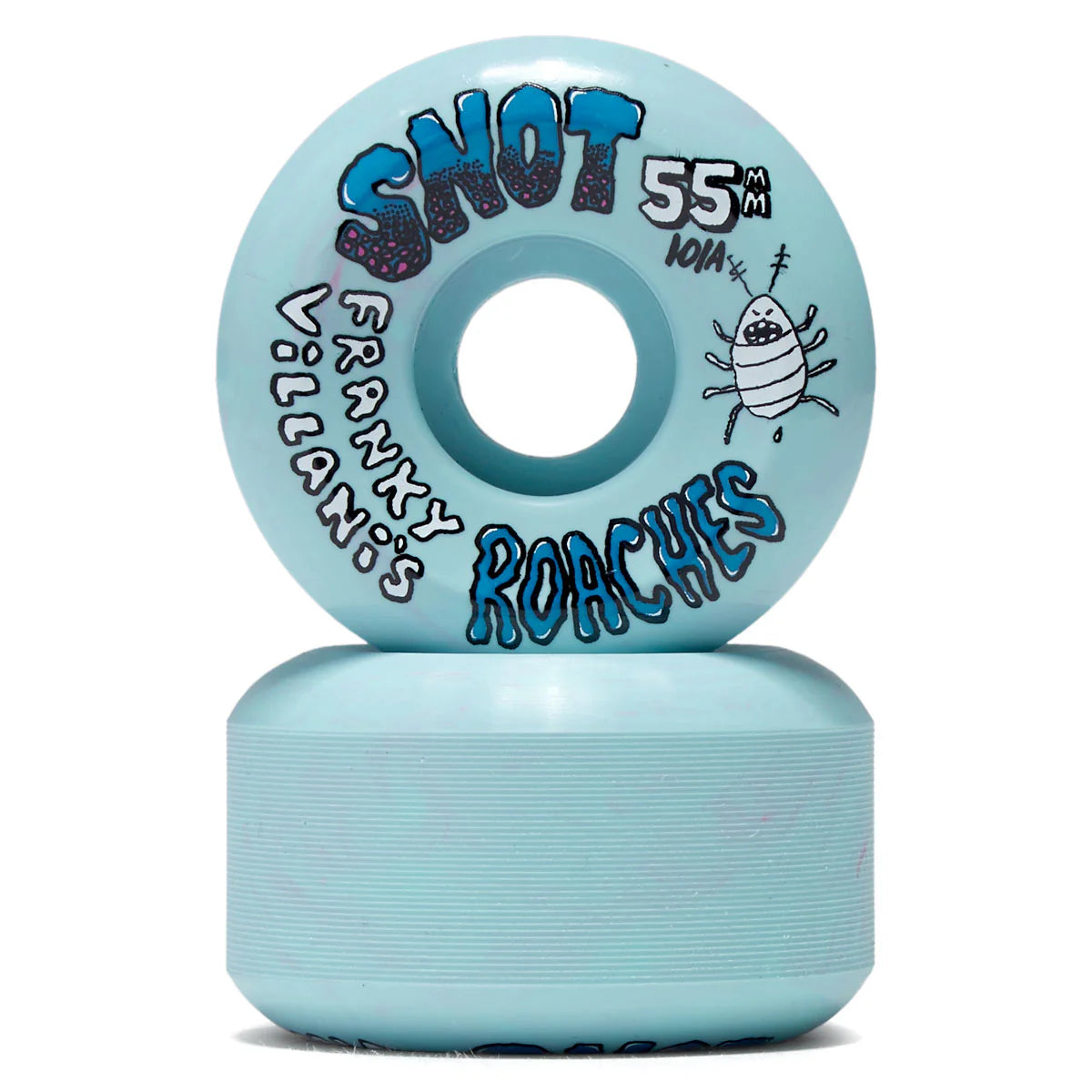 Light blue skateboard wheel with branding on a white background
