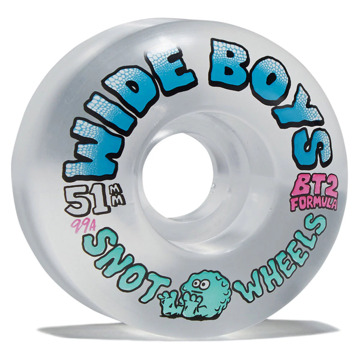 A single translucent clear skateboard wheel with bold blue, pink, black, and white graphics reading 'WIDE BOYS SNOT WHEELS' and 'BT2 FORMULA', shown on a white background with a soft shadow below.