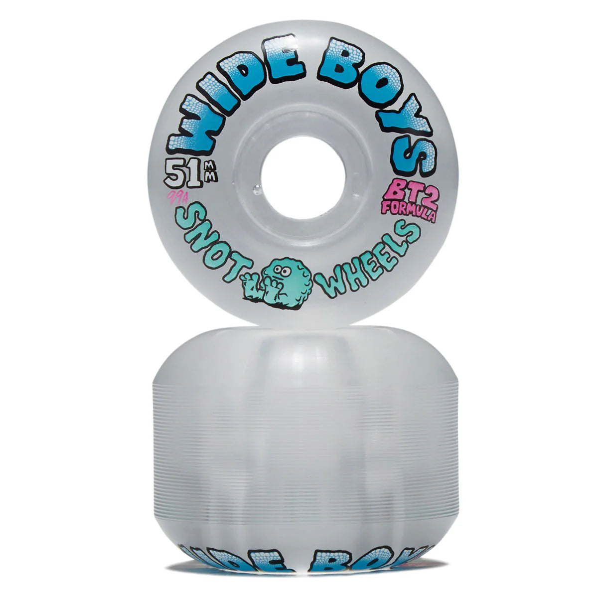 Two translucent clear skateboard wheels stacked vertically on a white background, with the top wheel showing 'WIDE BOYS' in blue outlined text and 'SHOT WHEELS' branding.