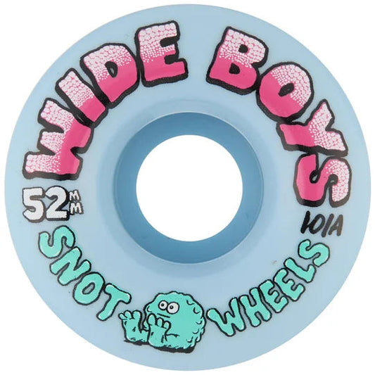 Blue skateboard wheel with 'Wide Boys' and 'Snot Wheels' branding on a white background