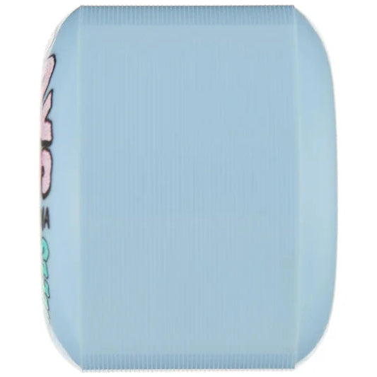 Light blue rectangular object with colorful text on a white background