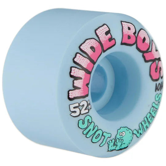 Blue skateboard wheel with 'Wide Boys' and 'Snot Wheels' branding on a white background