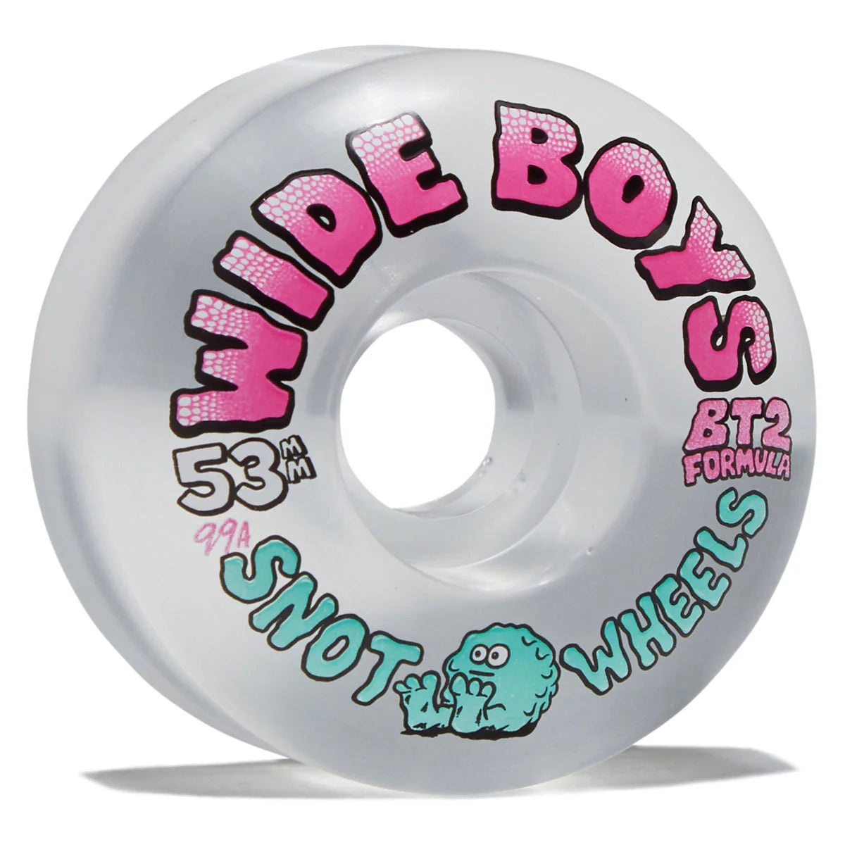 A single translucent clear skateboard wheel with bold pink, black, white, and teal graphics. The wheel features the text 'WIDE BOYS' in pink with black outlines, 'SNOT WHEELS' in teal, 'BT2 FORMULA' in pink, and '53mm' in white.