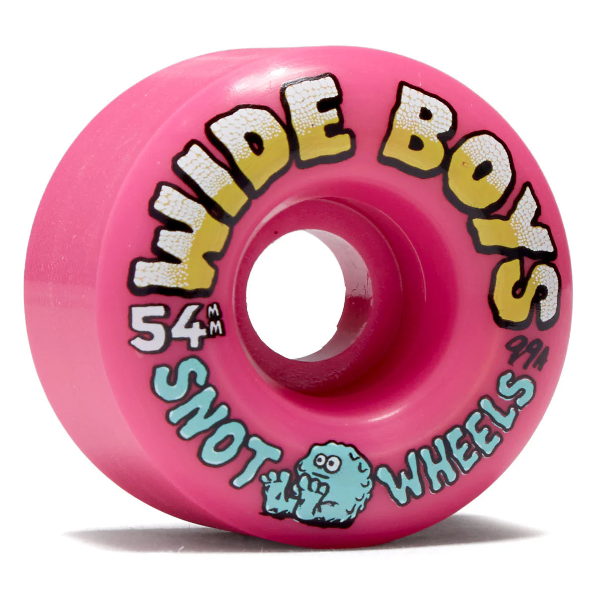 Pink skateboard wheel with 'Wide Boys' and 'Snot Wheels' text on a white background
