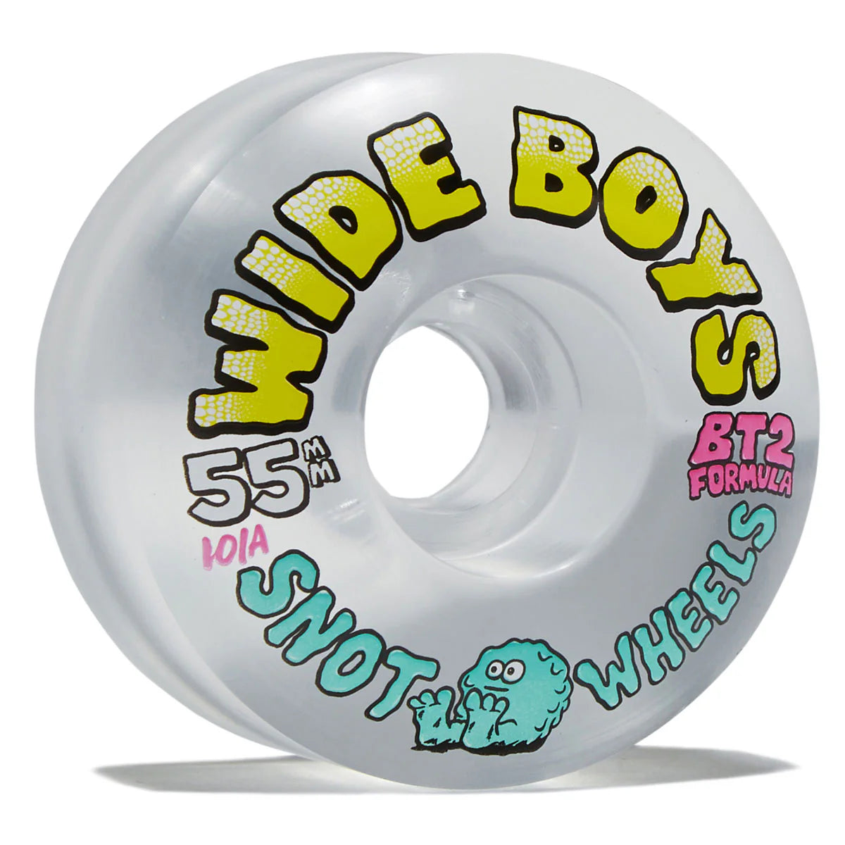 A single translucent clear skateboard wheel with bold printed graphics. The wheel features large yellow 'WIDE BOYS' text with black outlines, turquoise 'SNOT WHEELS' text, a small turquoise cartoon monster, '55mm', '10A', and 'BT2 FORMULA' in pink and white.