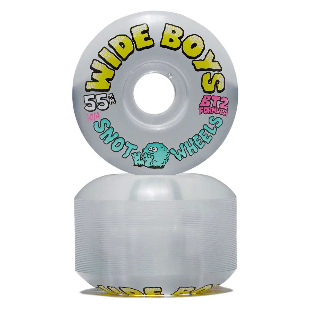 A stack of translucent clear skateboard wheels with colorful printed graphics, shown on a plain white background. The top wheel is upright to display the printed text 'WIDE BOYS' in yellow, 'SNOT WHEELS' in teal, '55mm', and 'BT2 FORUMS' in pink.