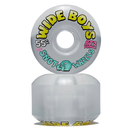 A stack of translucent clear skateboard wheels with colorful printed graphics, shown on a plain white background. The top wheel is upright to display the printed text 'WIDE BOYS' in yellow, 'SNOT WHEELS' in teal, '55mm', and 'BT2 FORUMS' in pink.