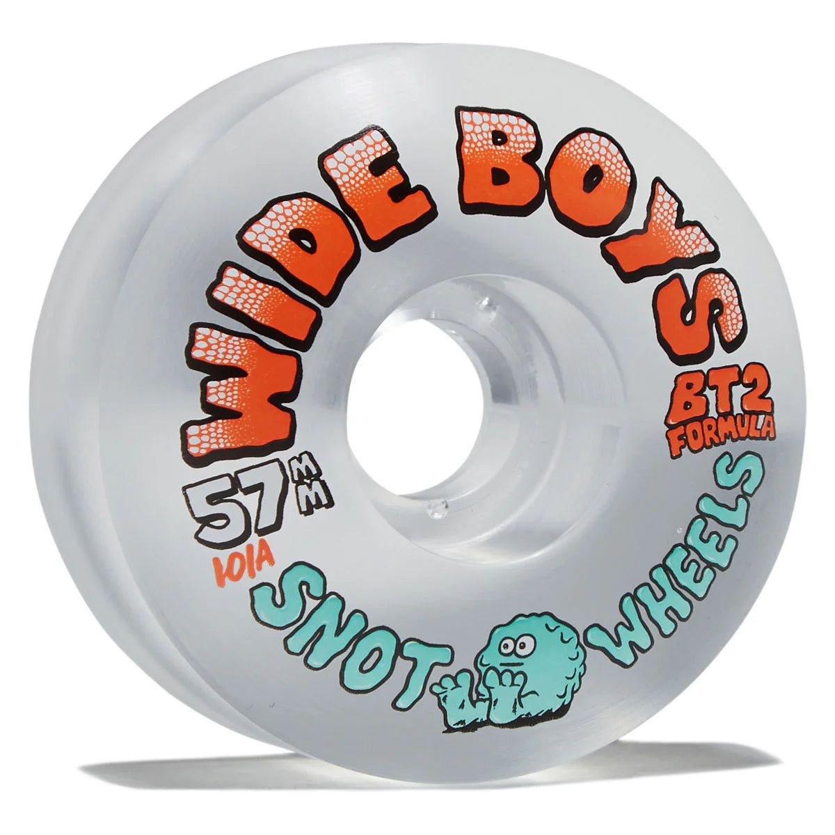 A single translucent white skateboard wheel with colorful printed graphics. The wheel features the text 'WIDE BOYS' in orange, 'SNOT WHEELS' in light blue, '57MM' in black, '101A' in orange, and 'BT2 FORMULA' in orange, along with a small green cartoon character.