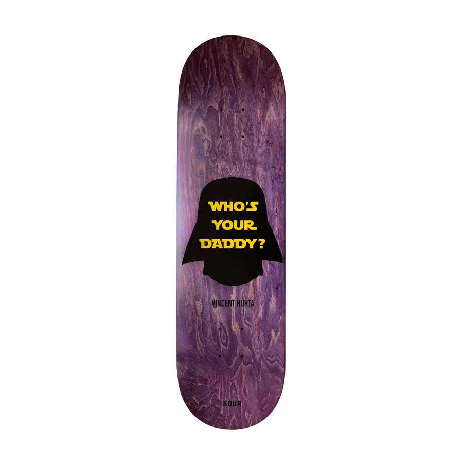 A skateboard deck featuring a purple and black woodgrain pattern with a black silhouette of Darth Vader and the yellow text 'WHO'S YOUR DADDY?' in the center.