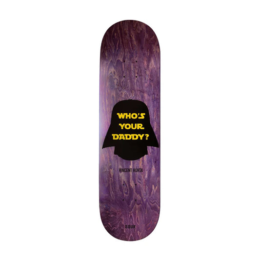A skateboard deck featuring a purple and black woodgrain pattern with a black silhouette of Darth Vader and the yellow text 'WHO'S YOUR DADDY?' in the center.