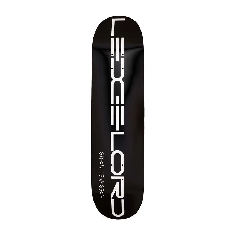 A black skateboard deck with a bold white vertical graphic reading 'LEGEND' and smaller vertical text 'ledgelord' on a plain white background.