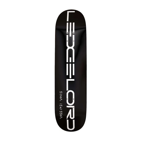 A black skateboard deck with a bold white vertical graphic reading 'LEGEND' and smaller vertical text 'ledgelord' on a plain white background.
