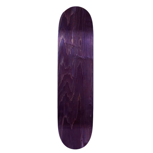 A skateboard deck with a dark purple wood grain finish, shown vertically against a plain white background.