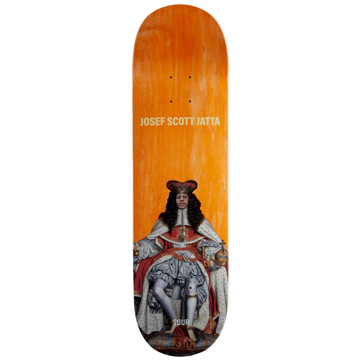 Skateboard deck with a graphic design of a person in regal attire on an orange background.