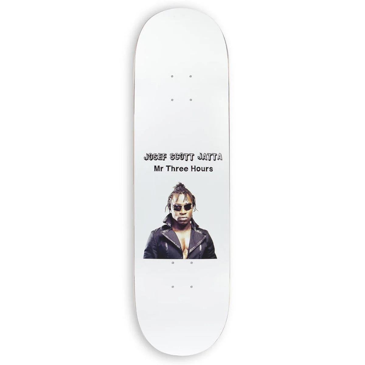 Skateboard deck with a person's face and text on a white background