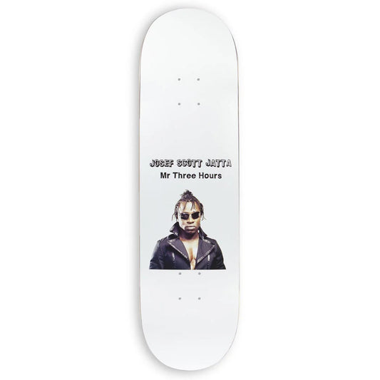 Skateboard deck with a person's face and text on a white background