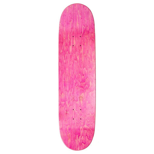 A pink skateboard deck with a natural wood grain pattern, shown vertically against a plain white background.
