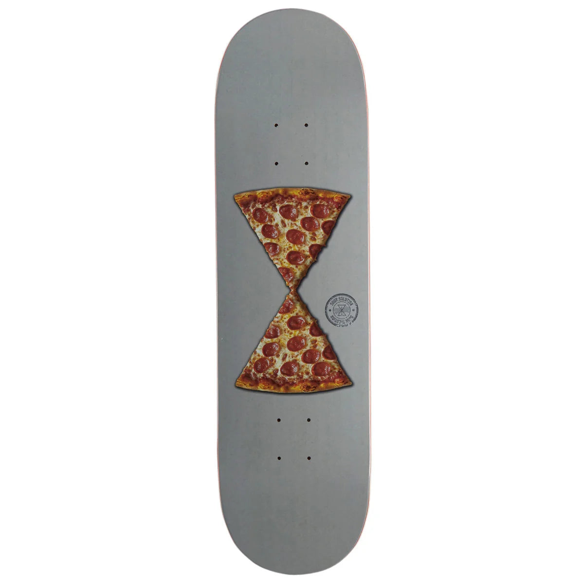 A skateboard deck with a gray background and a central graphic of two overlapping pizza slices forming an hourglass shape, on a plain white background.
