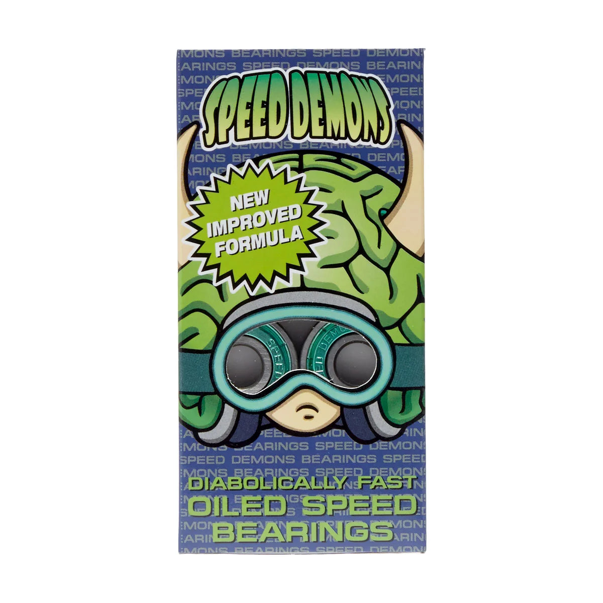 A rectangular product box for 'Speed Demons' oiled speed bearings, featuring a cartoon graphic of a green brain wearing goggles on a blue patterned background with green and yellow text.